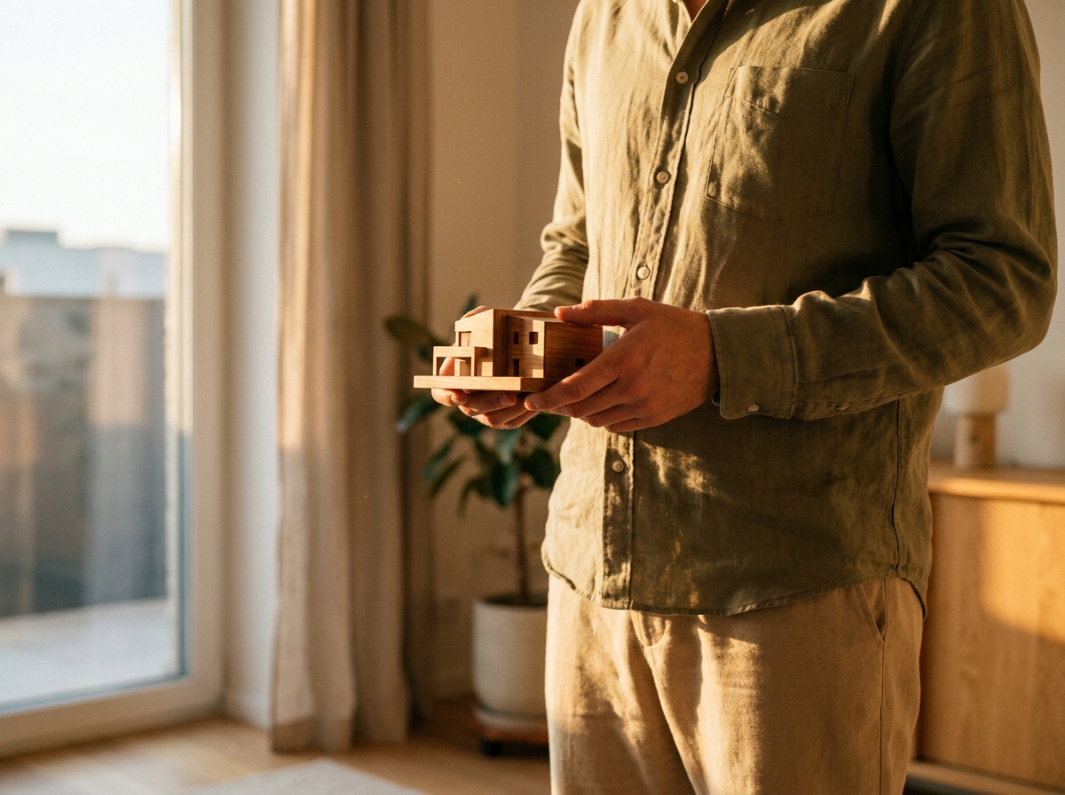 Hände halten ein kleines hölzernes Architekturmodell im warmen Nachmittagslicht — Symbolbild für greifbare Kapitalanlage