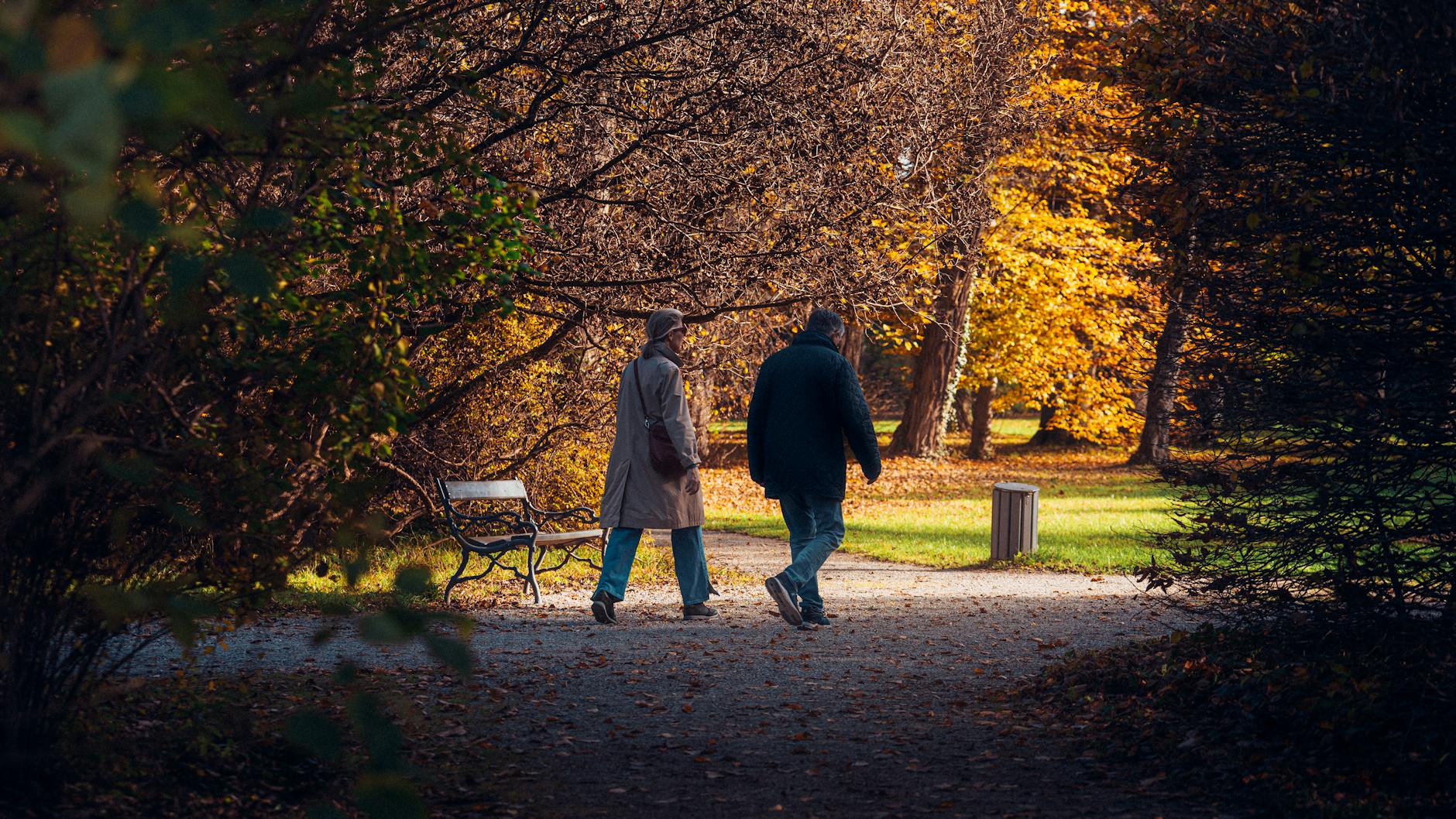 Älteres Paar spaziert gemeinsam durch den herbstlichen Park
