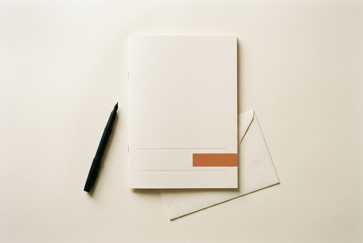 Aufgeschlagene Broschüre auf Papierhintergrund, daneben ein matter Stift und eine Briefumschlag-Ecke
