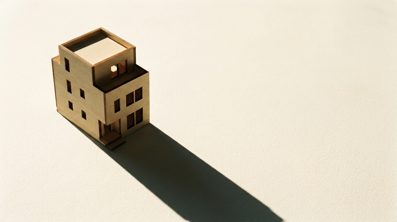 Kleines Architekturmodell eines modernen Mehrfamilienhauses mit langem Schatten — Symbolbild für die Pflegeimmobilie