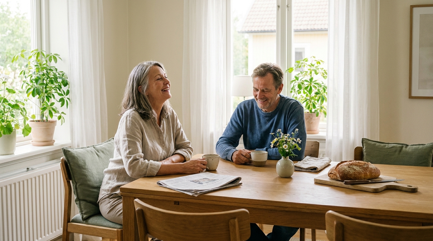 Älteres Paar in entspanntem Gespräch am Frühstückstisch — Sinnbild des Sorglos-Konzepts