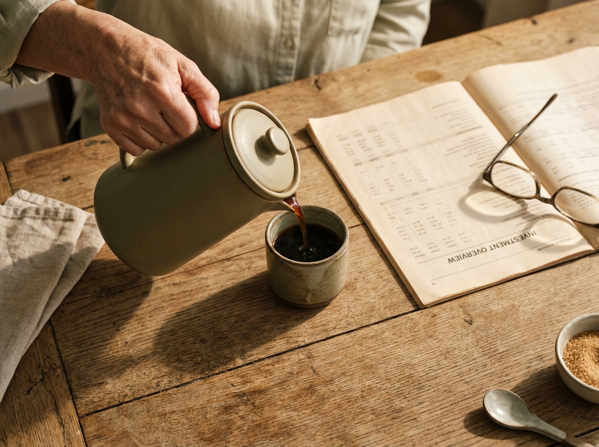 Morgenlicht auf einem Holztisch — eine Hand gießt Kaffee neben einem Depotauszug